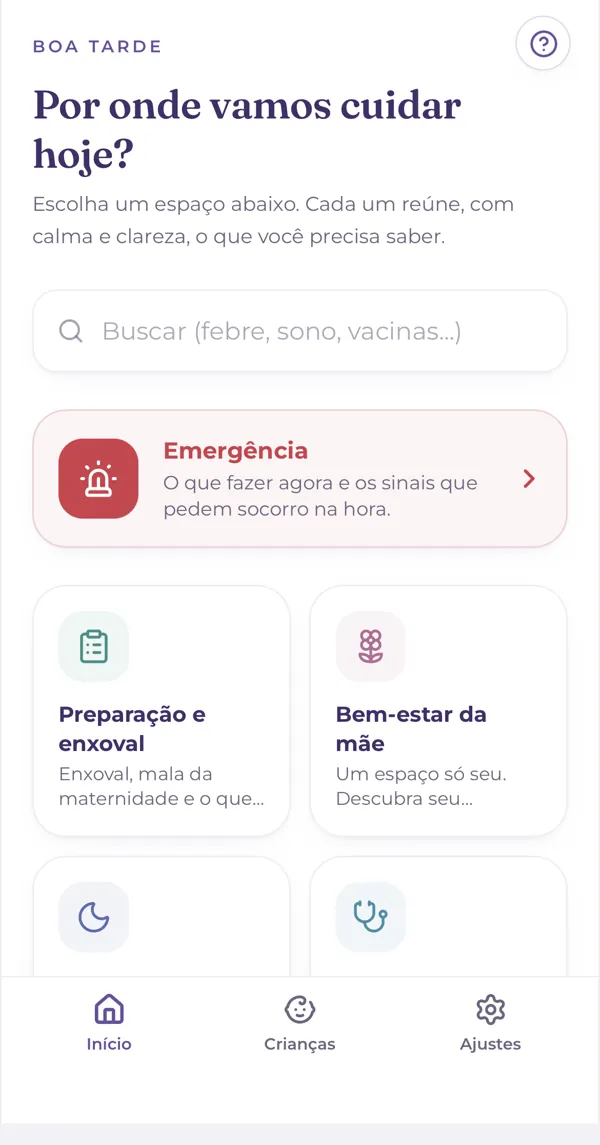 Tela inicial do app PedHelp: escolha de espaços de cuidado, busca e atalho de emergência
