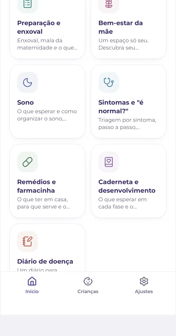 Menu do app com os espaços de cuidado: preparação, sono, sintomas, remédios e caderneta