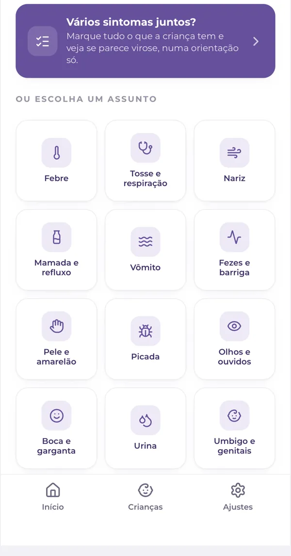 Triagem por sintoma no app, com opções como febre, tosse, vômito e mais